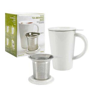 2 NEW Primula White 14 oz Tea Brewing Ceramic Mugs with Infusers